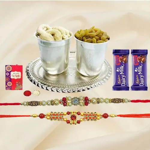 Delicious Dry Fruits Hamper in Silver Plated Glasses and Tray with Cadburys Dairy Milk Fruit n Nut